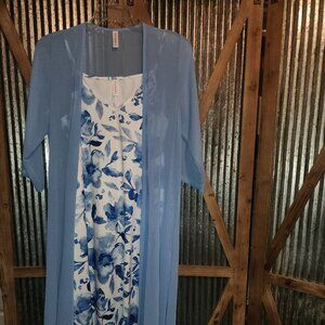 NWT~LADIES Blue & White Floral Print Long  Dress w/Long Sheer Cover Up~Medium
